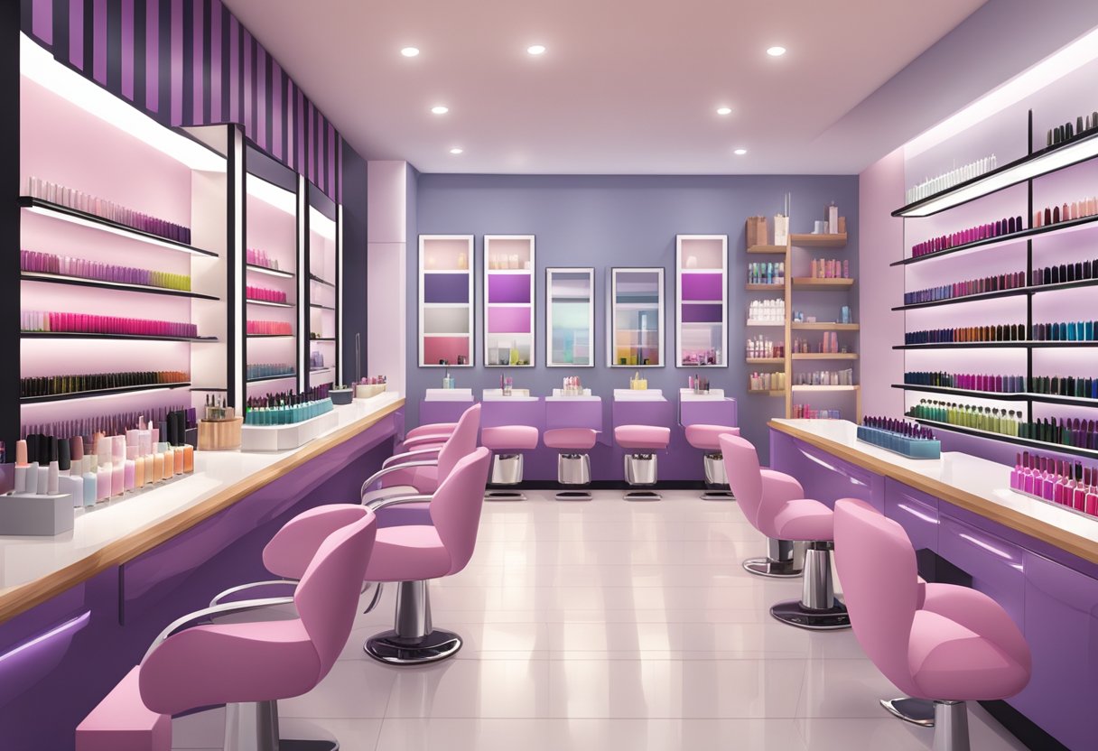 A brightly lit and modern nail salon with a clean and organized layout, showcasing various nail polish colors and designs on display