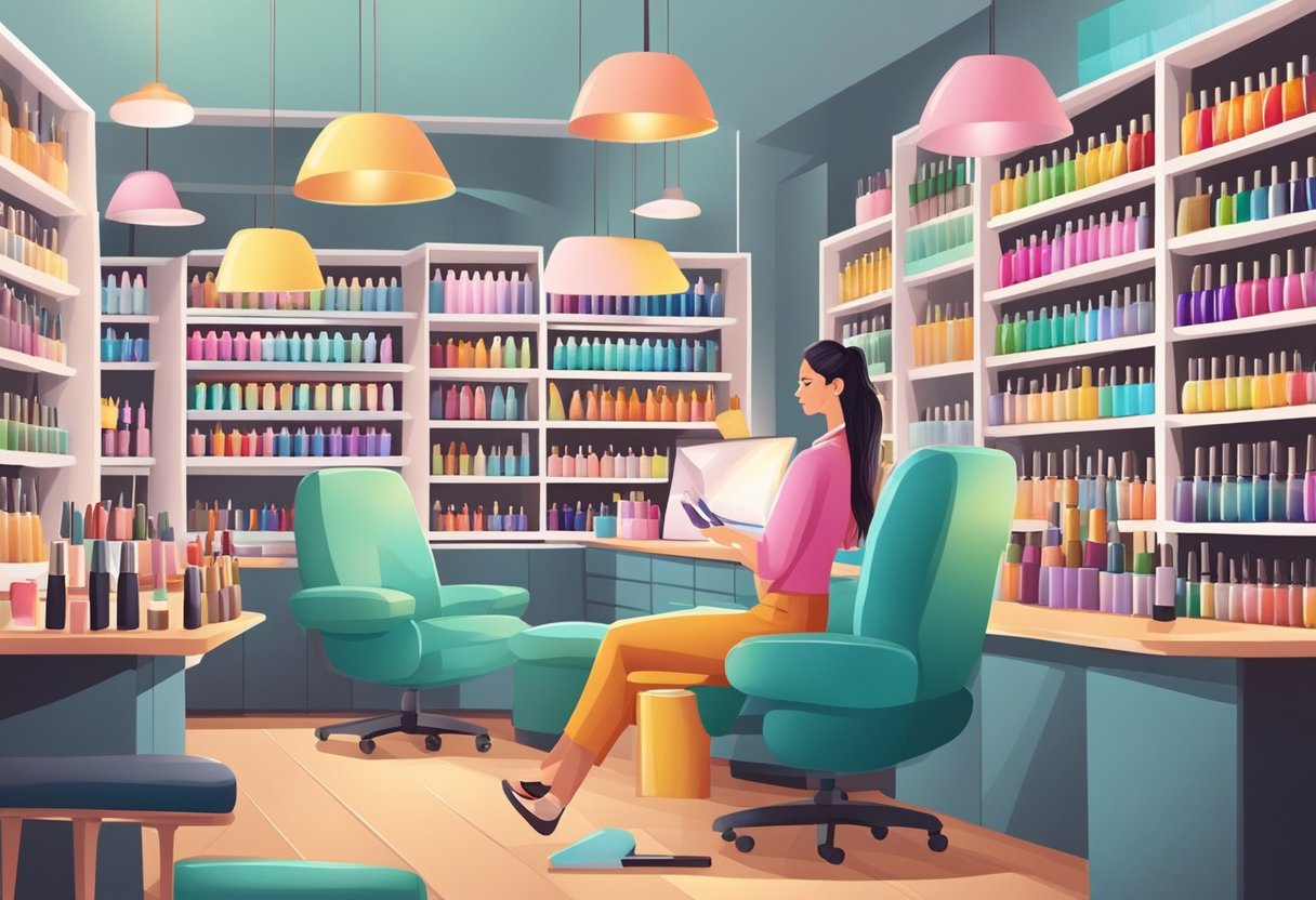 A nail technician meticulously applies polish to a client's nails, surrounded by shelves of colorful nail polish bottles and a comfortable seating area