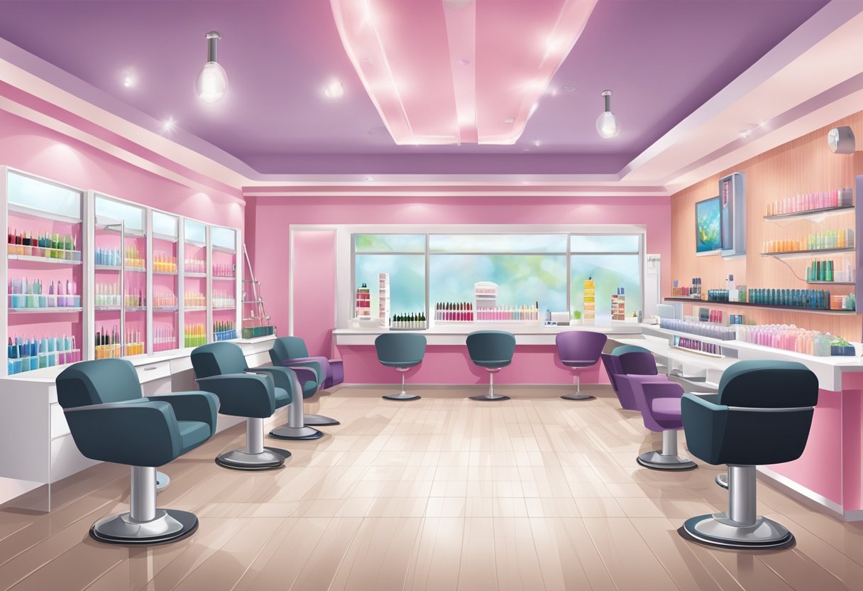 A clean, modern nail salon with top-rated products on display. Safety signs and certifications prominently featured. Quality and professionalism evident throughout the space