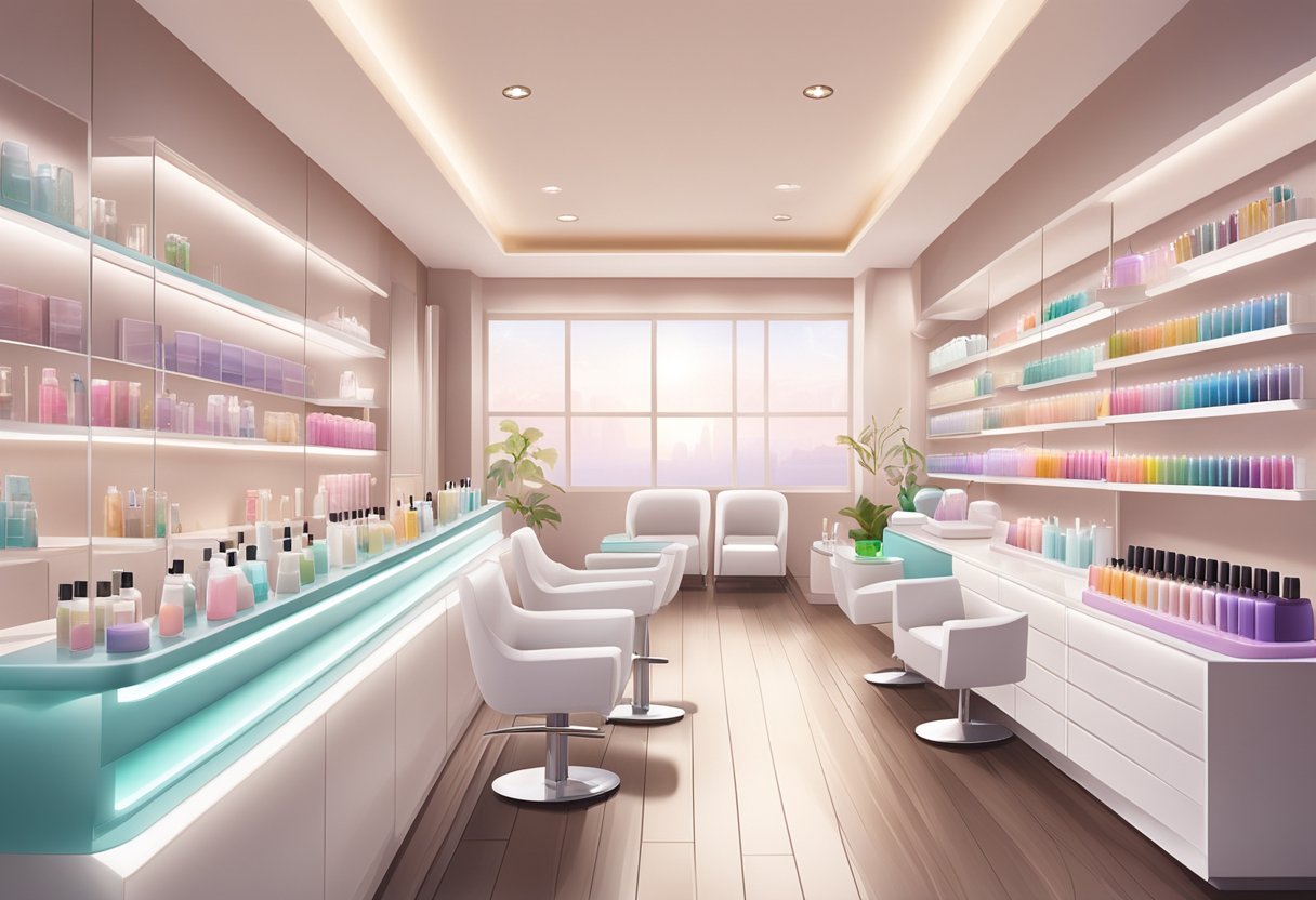 A serene nail salon with modern decor, soft lighting, and calming music. Clean, organized shelves display a wide range of nail care products