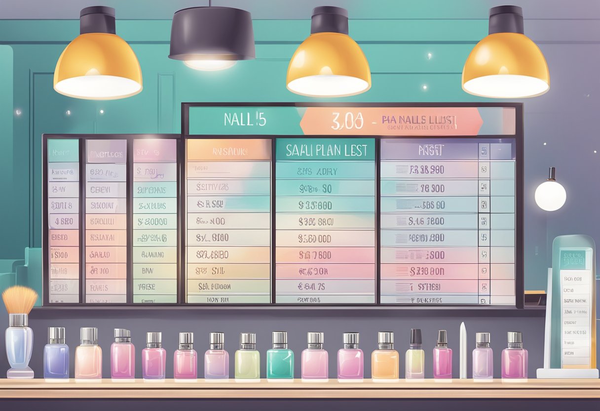A price list on a salon counter with "Acrylic Nails" and their corresponding cost displayed clearly