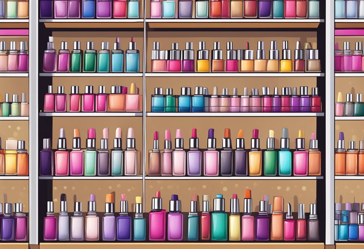 A colorful array of nail polish bottles lined up on shelves, with a nail technician offering a menu of services to a customer