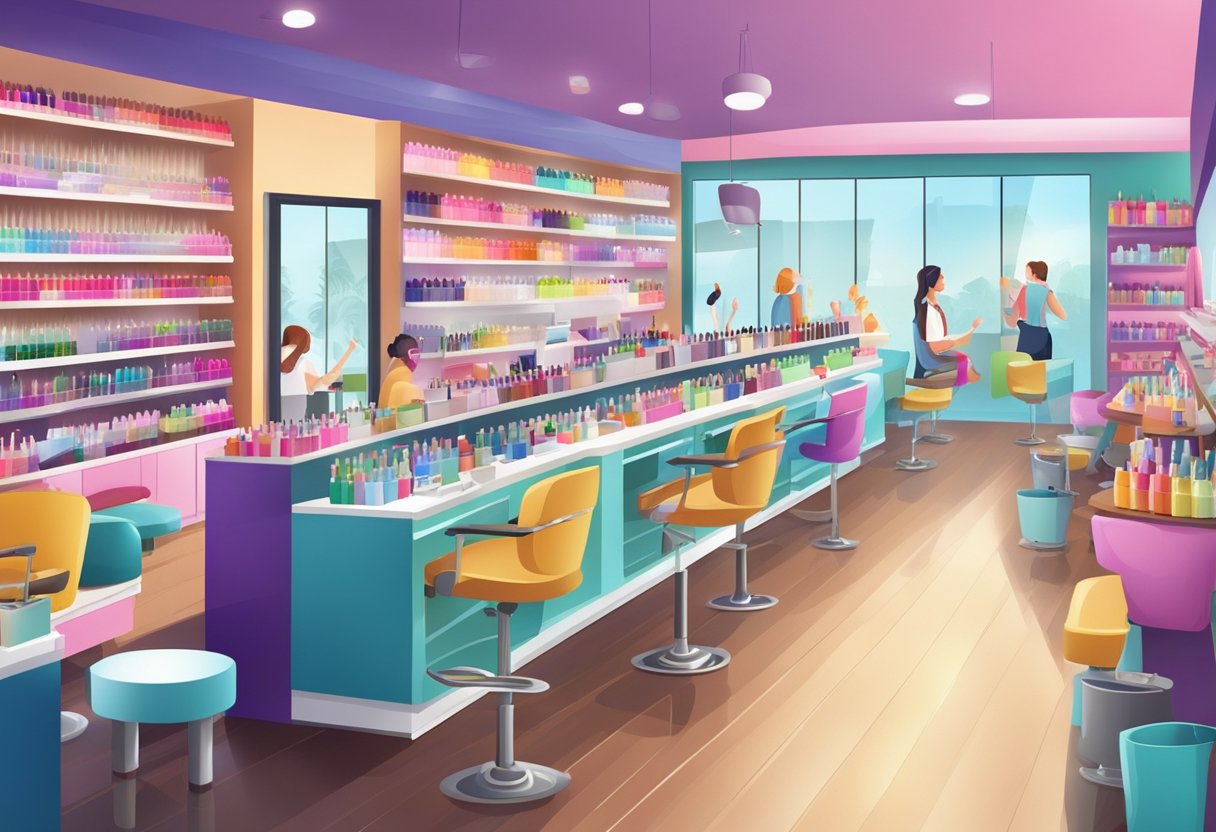 A bustling nail salon with customers getting manicures and pedicures, shelves lined with colorful nail polish, and cash register ringing up sales