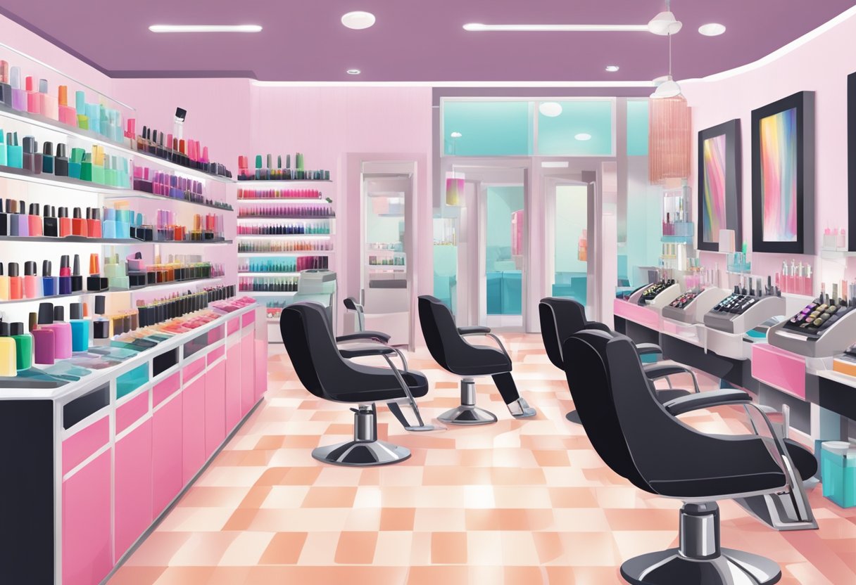 Nail salon interior with cash register, shelves of nail polish, and a display of manicure tools. Customers seated in pedicure chairs while nail technicians work at manicure stations