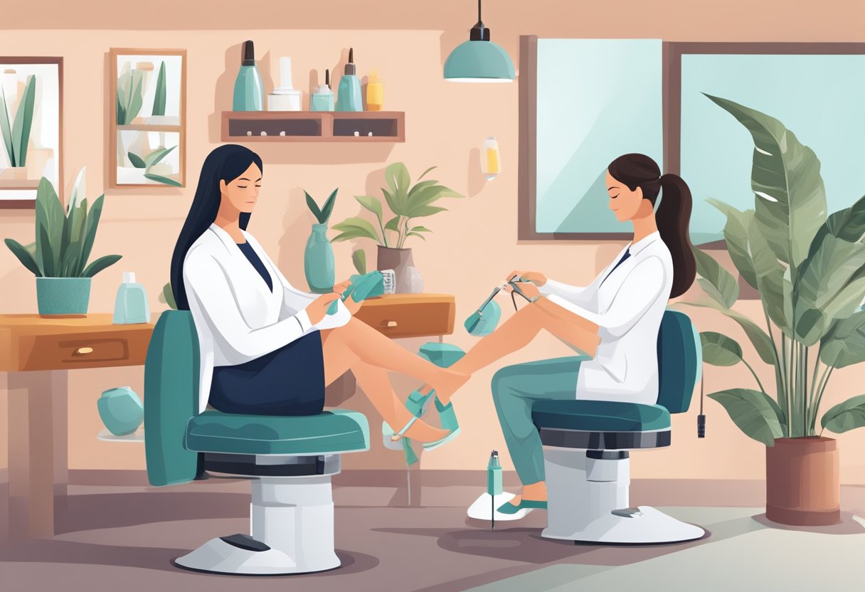 An illustration of a nail salon setting with tools and equipment, a client's foot in a comfortable position, and a focused nail technician carefully removing an ingrown toenail