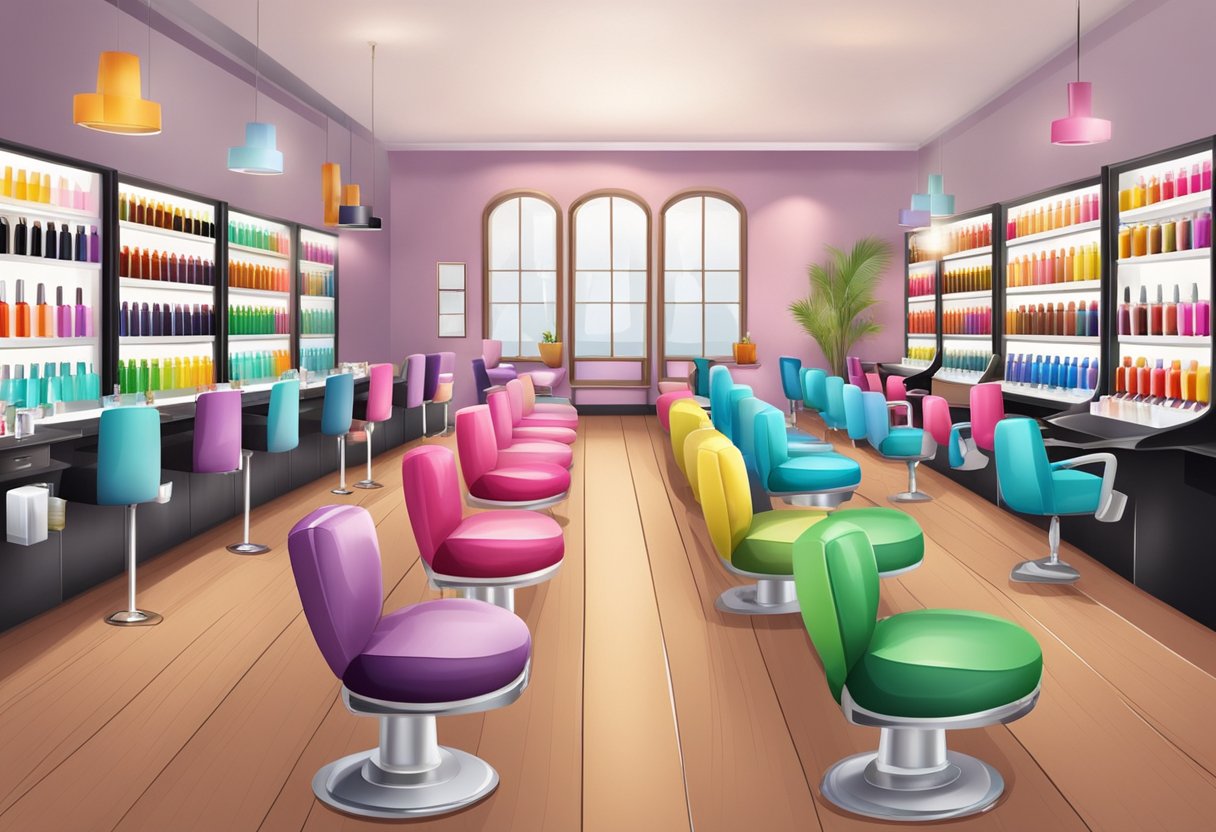 A nail salon with rows of colorful polish bottles, manicure stations, and comfortable seating for clients