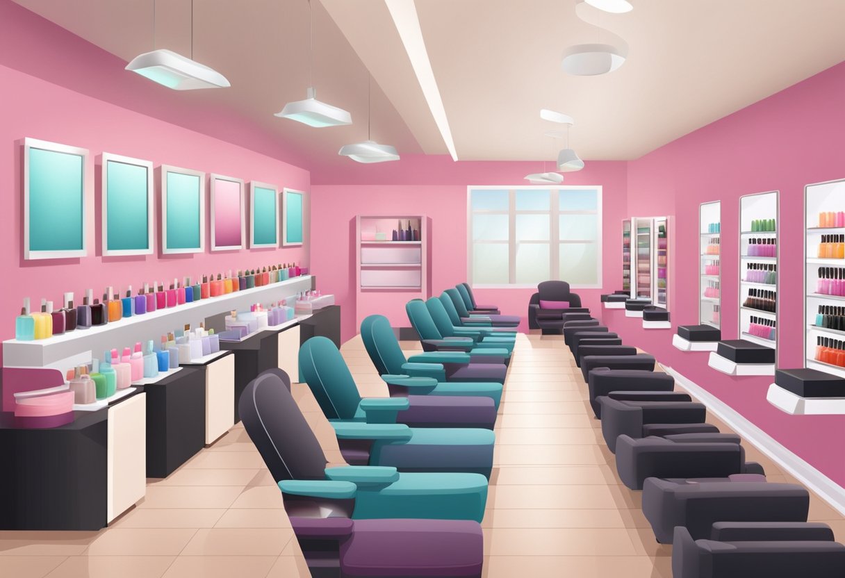 A nail salon with rows of manicure stations, shelves of nail polish, and comfortable seating for clients