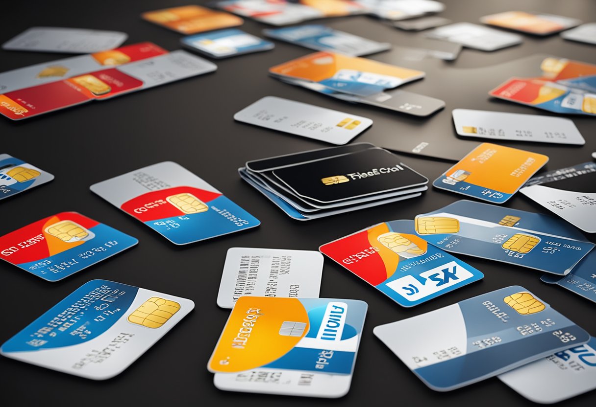 A table with various credit cards, a person with a red X over them, and a list of eligibility requirements for credit cards for those with poor credit