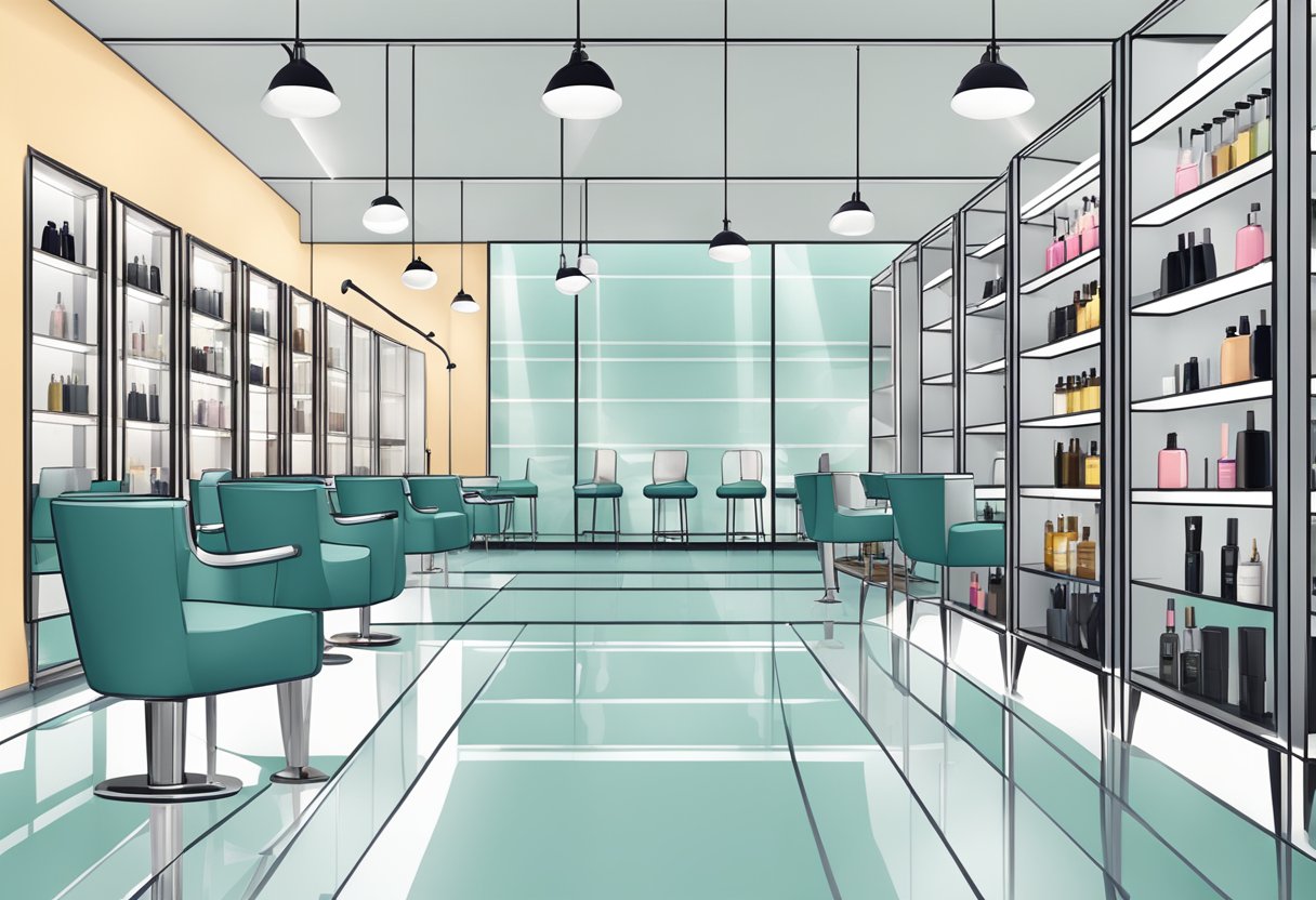A dry bar hair salon with sleek chairs, mirrored walls, and shelves of hair products. Stylish decor and a modern, minimalist design