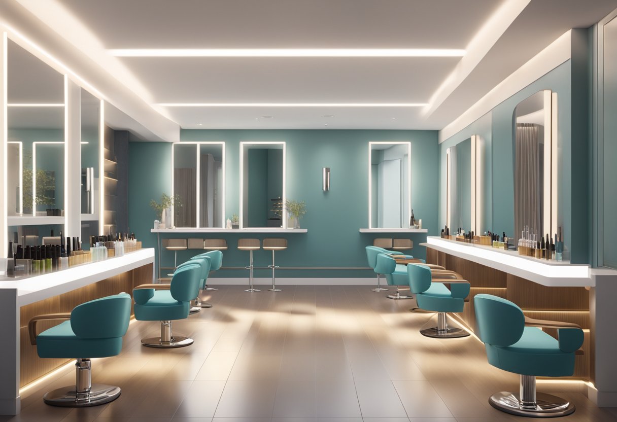 A modern, sleek dry bar hair salon with stylish chairs, mirrors, and shelves stocked with hair products. Bright lighting and a minimalist design give off a chic and trendy vibe