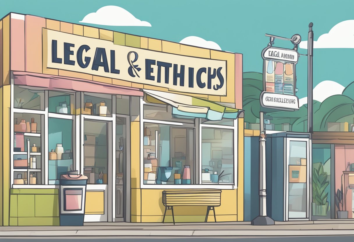 A sign outside a hair salon with the words "Legal and Ethical Considerations" next to a price list for hair services
