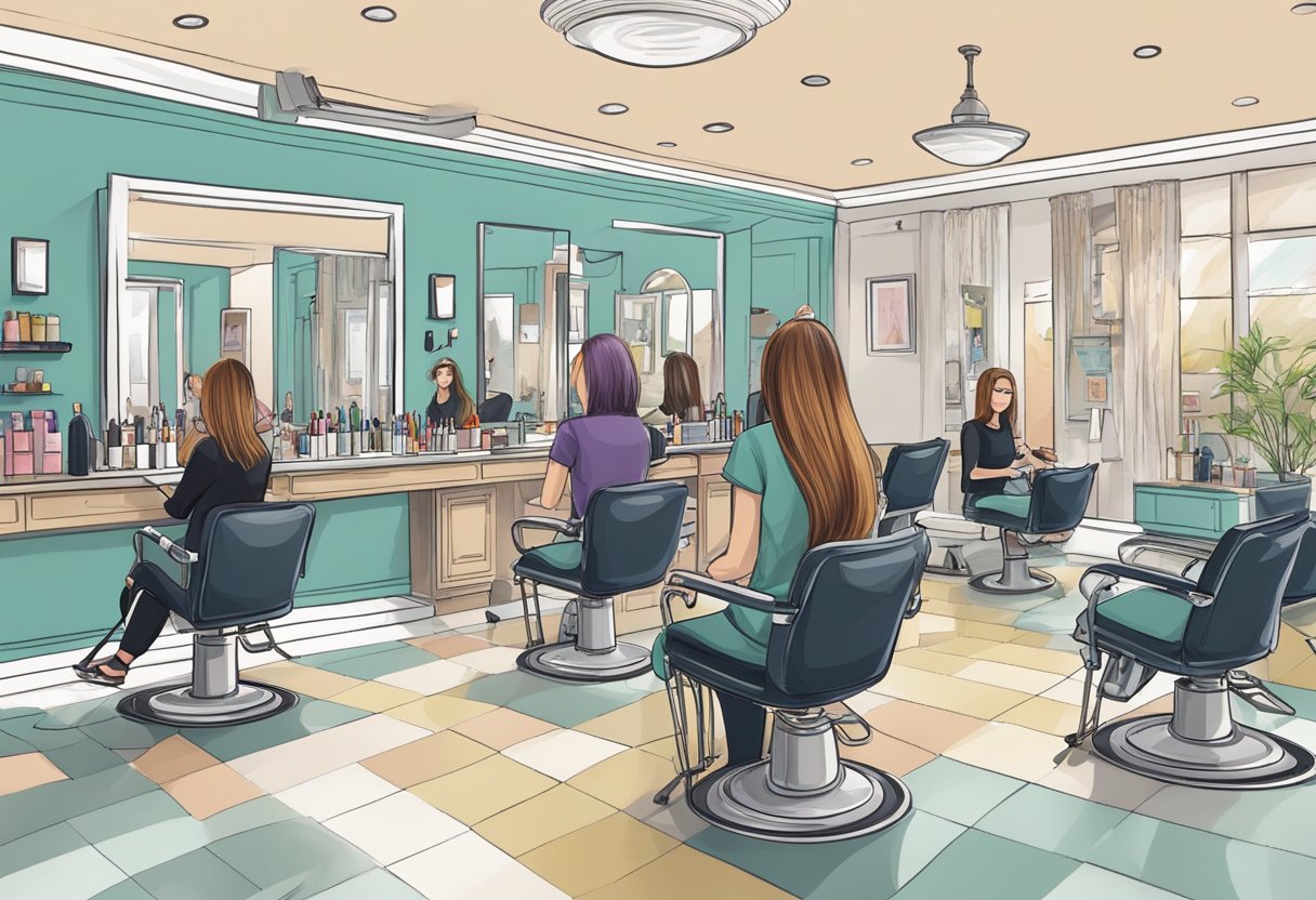 A bustling hair salon with stylists cutting, coloring, and styling hair. Customers sitting in chairs, looking at themselves in mirrors. Hair products and tools scattered on countertops