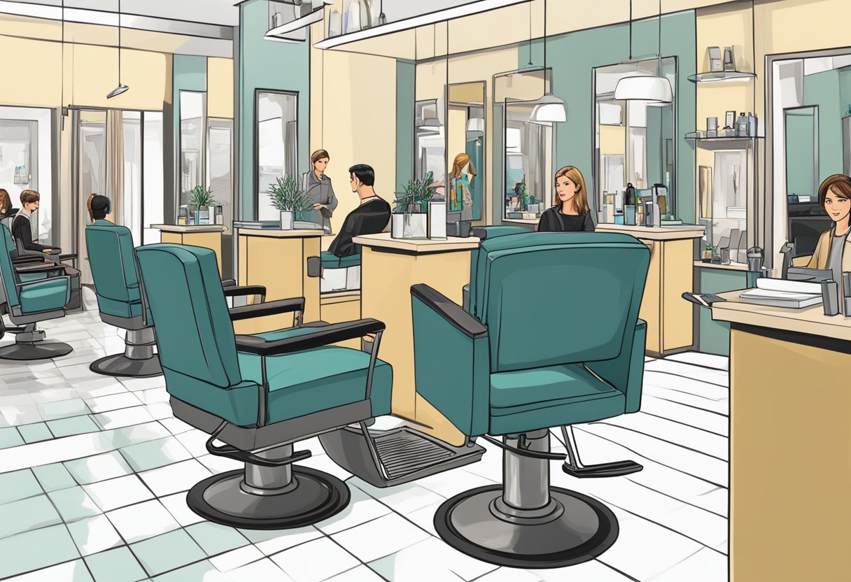 A bustling hair salon with stylists cutting, coloring, and styling hair. Customers sit in chairs reading magazines or chatting. The receptionist answers phones and schedules appointments