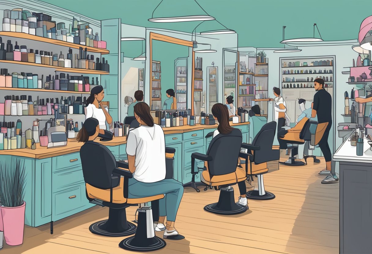 A busy hair salon with clients getting haircuts, stylists working, and shelves stocked with hair products