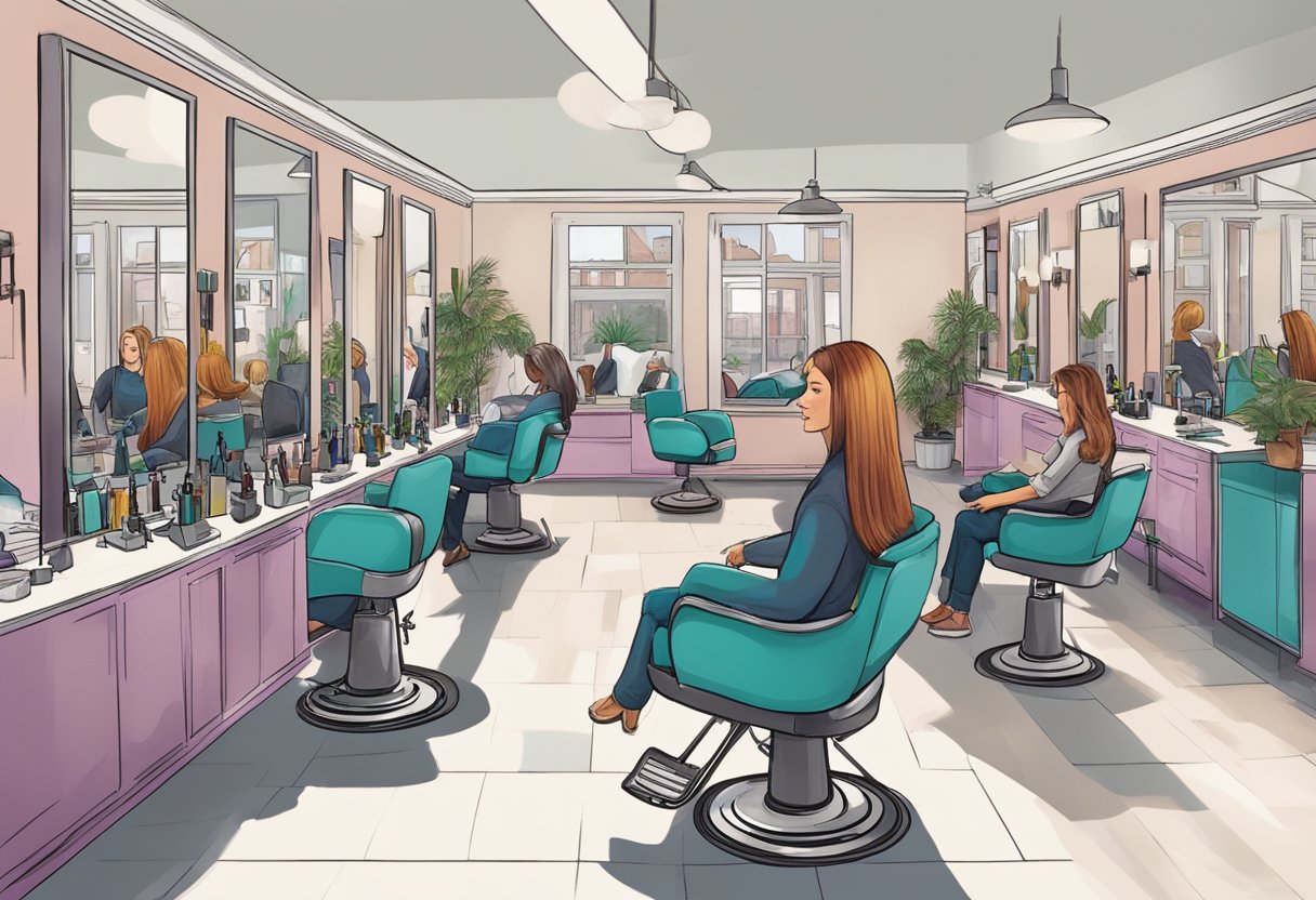 A bustling hair salon with stylists cutting, coloring, and styling hair. Clients sit in chairs, flipping through magazines, while others wait their turn. The sound of blow dryers and chatter fills the air