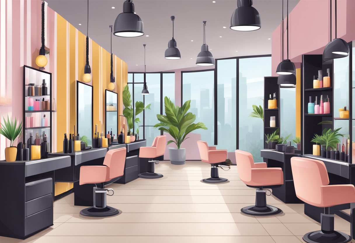 A modern hair salon with trendy decor and innovative hair care products on display