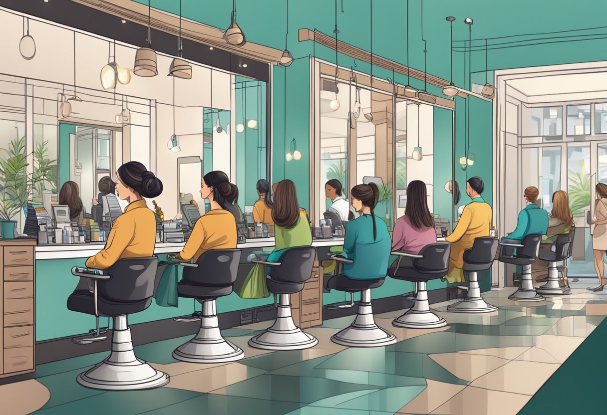 A busy hair salon with customers waiting, stylists working, and cash register ringing
