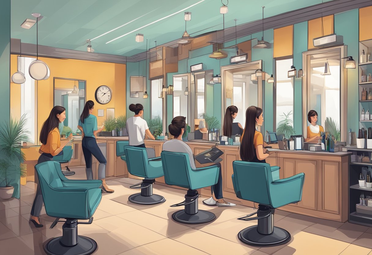 A busy hair salon with customers getting haircuts, stylists working, and a receptionist managing appointments and payments