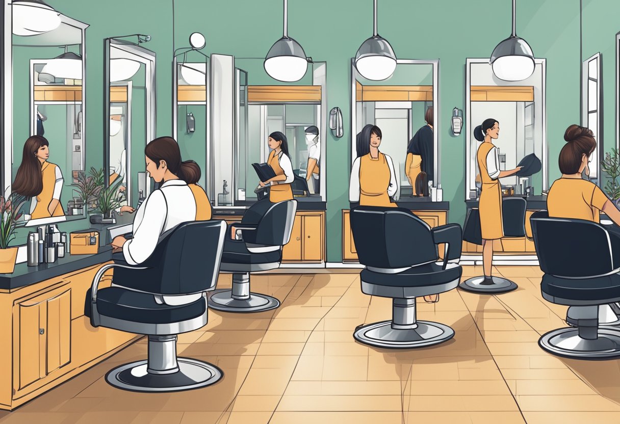 A busy hair salon with satisfied customers and a well-organized staff, showcasing the profitability of owning a salon