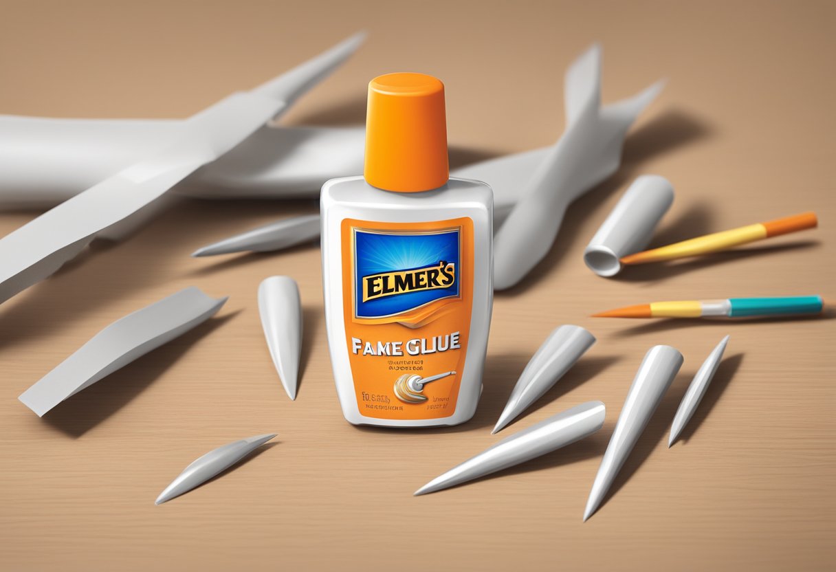 A bottle of Elmer's glue next to a set of fake nails on a table