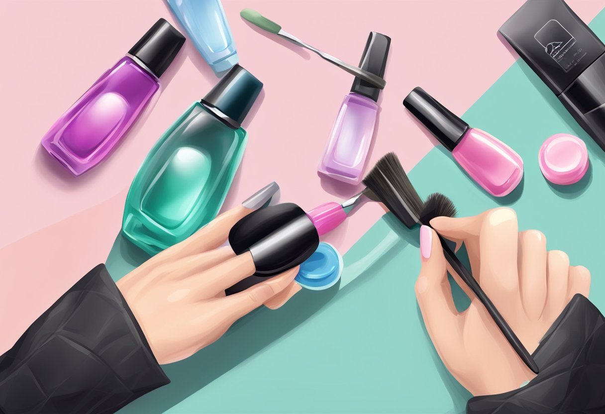 A hand holding a nail polish bottle and a brush, with a gel nail being painted