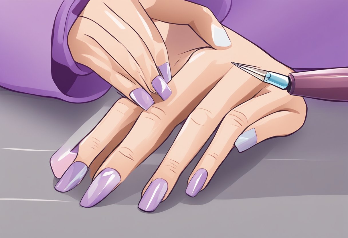 A manicurist applies a clear gel top coat to smooth and strengthen the nails