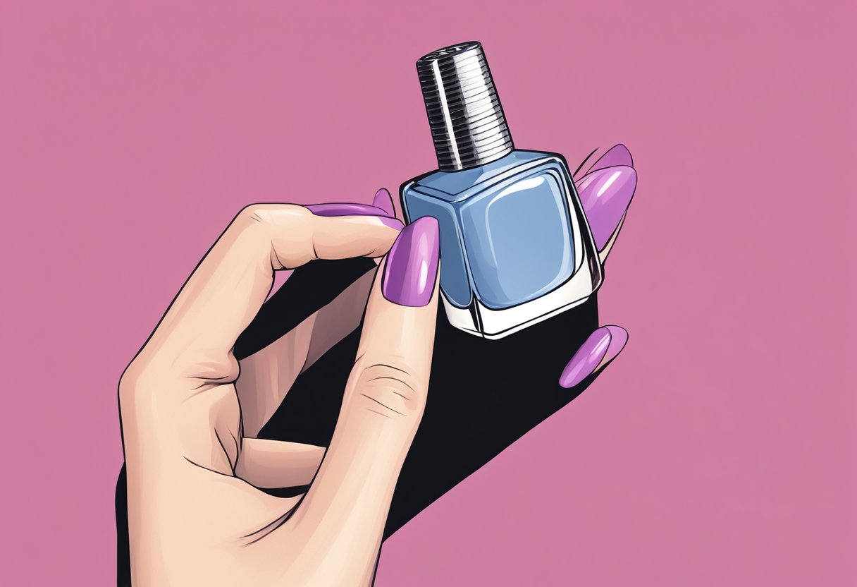 A hand holding a bottle of nail polish hovers over a set of acrylic nails, with a look of uncertainty