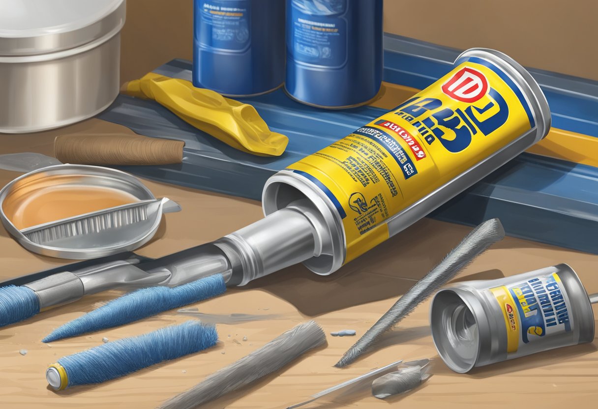 An empty tube of liquid nails sits on a workbench, next to a can of WD-40. A rag and a scraper are nearby, ready for post-removal cleanup and repair