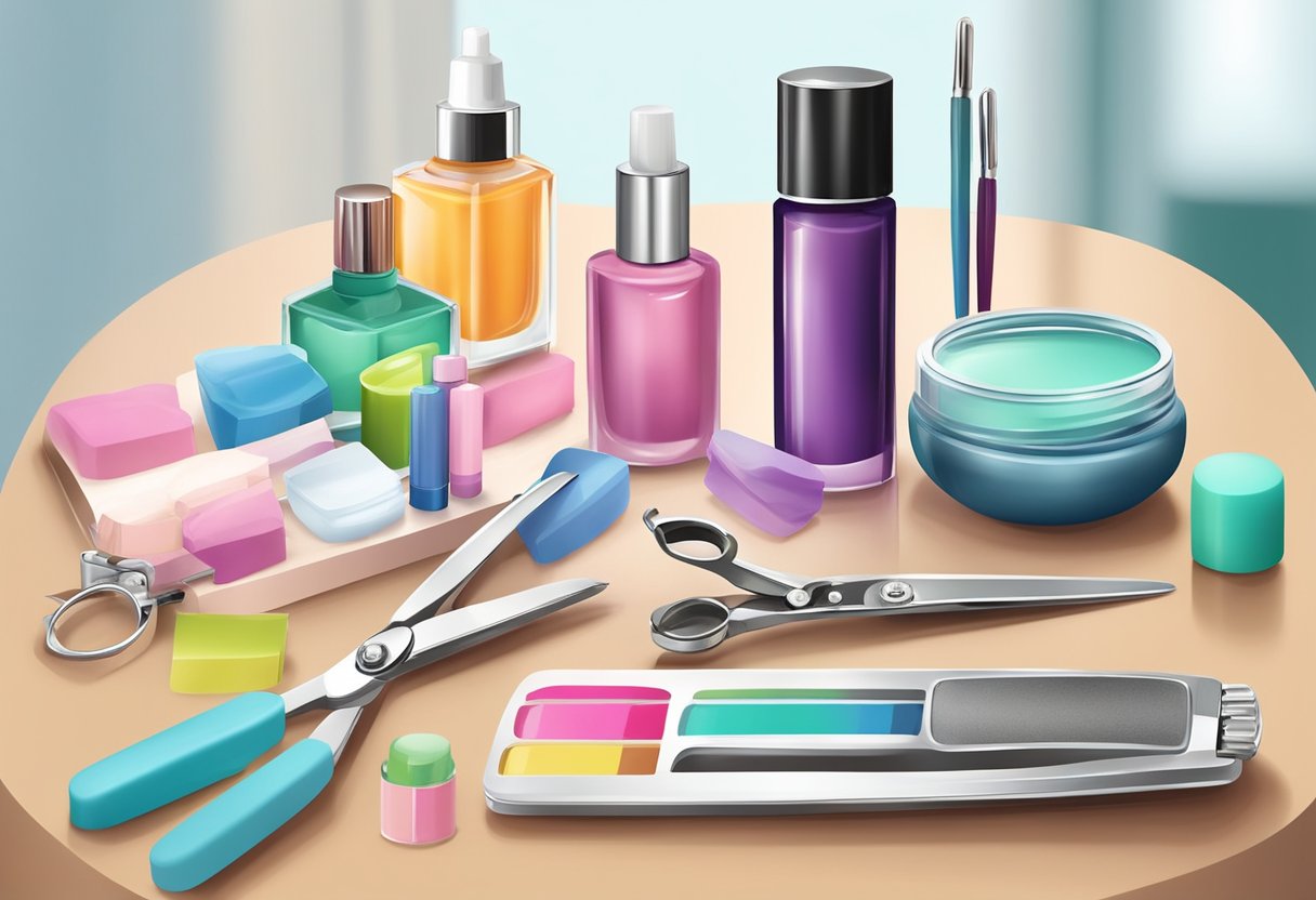 A table with nail polish bottles, nail files, and nail clippers. A step-by-step guide on how to do nails without acrylic. No human subjects