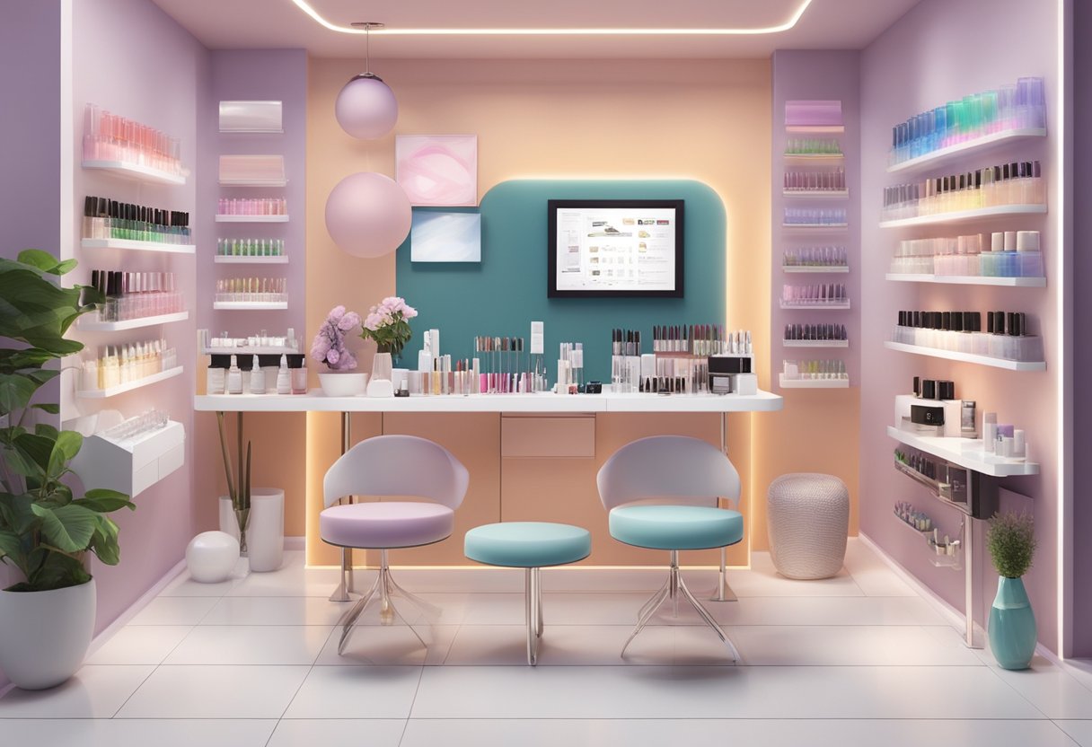 A table with various nail enhancement tools and products, including gel polishes, nail forms, and LED lamps. Instructional posters and step-by-step guides are displayed on the wall
