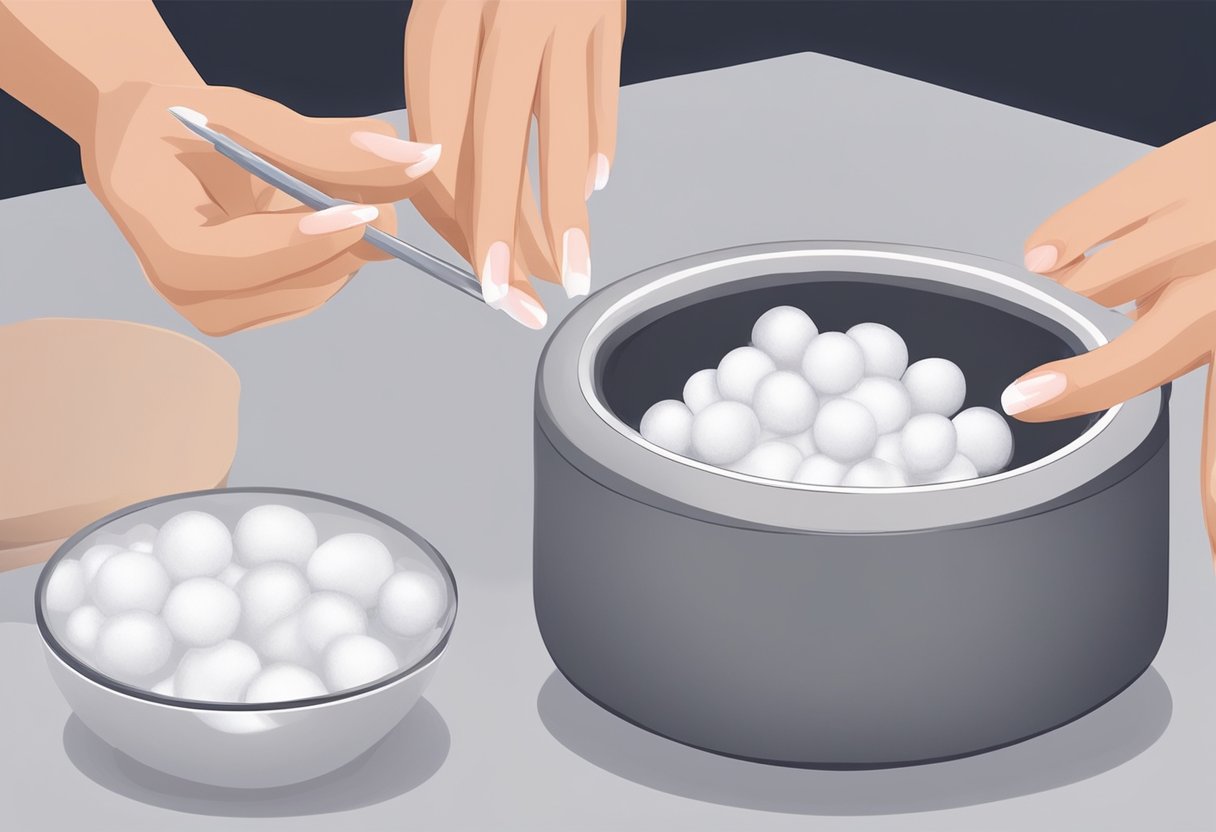 A nail technician applies acetone to soak off acrylic nails. A small bowl filled with acetone and cotton balls sits on the table. The technician gently removes the softened acrylic with a cuticle pusher