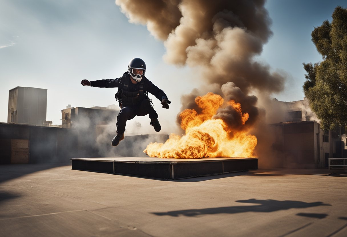 A stunt performer leaps from a burning building, landing on a cushioned platform below. Explosions and smoke fill the air as the performer executes a perfect roll and stands triumphantly