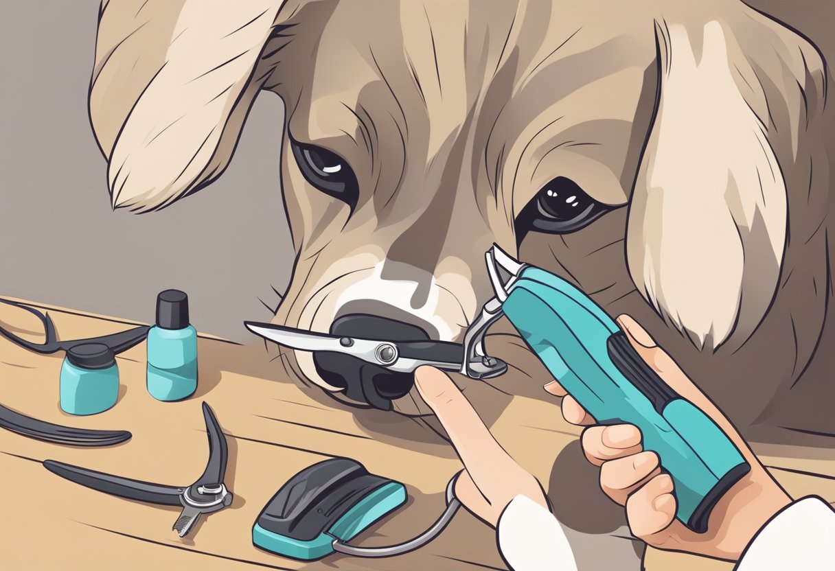 A dog's nails are being trimmed to a short length by a pair of clippers