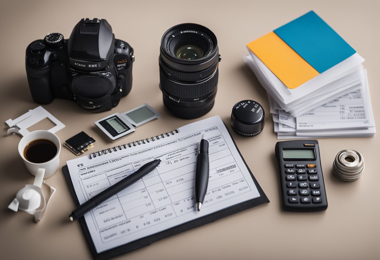Stunt equipment laid out on a table, surrounded by training materials and a calculator showing increased earnings