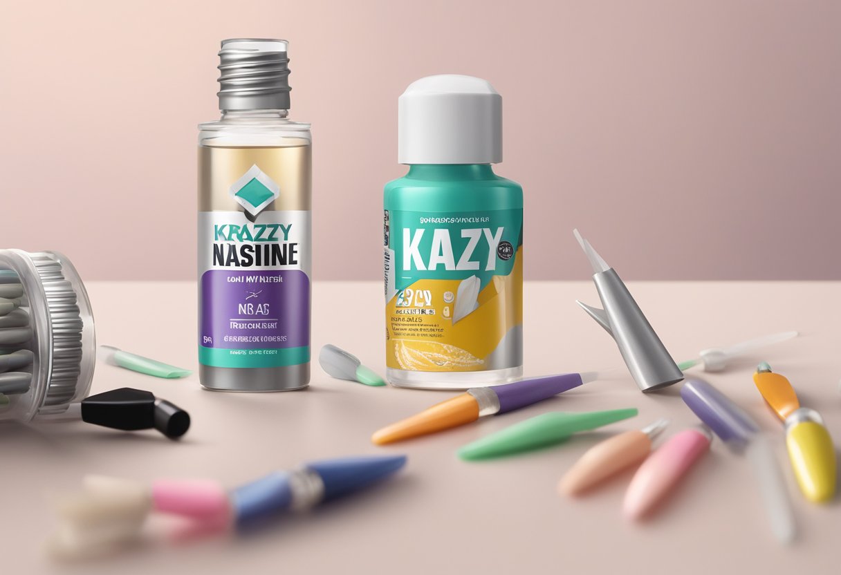 An open bottle of Krazy Glue next to a set of artificial nails on a table