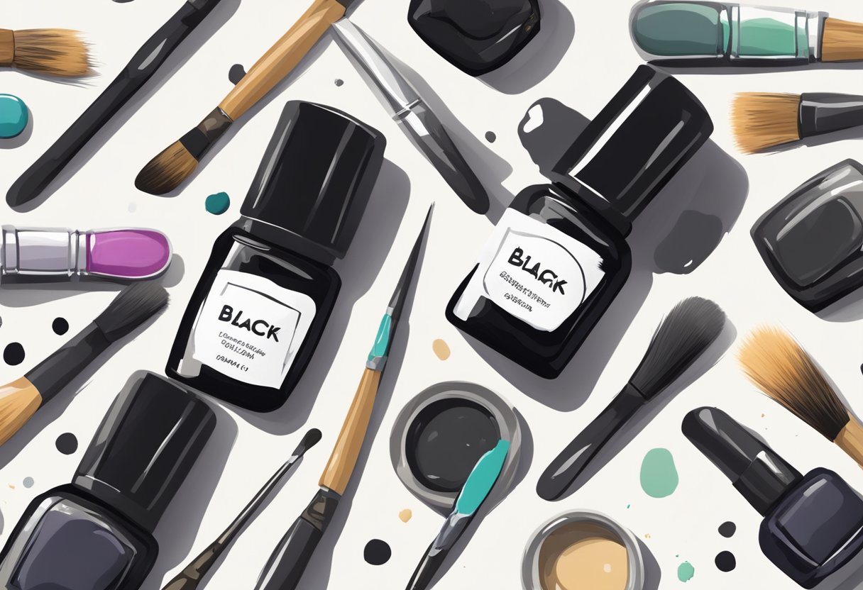 A black nail polish bottle sits on a cluttered desk, surrounded by scattered paint brushes and smudged palettes