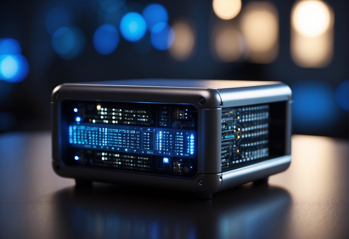 The Language Processing Unit is a sleek, metallic device with glowing blue lights and intricate circuitry, sitting on a clean, futuristic desk