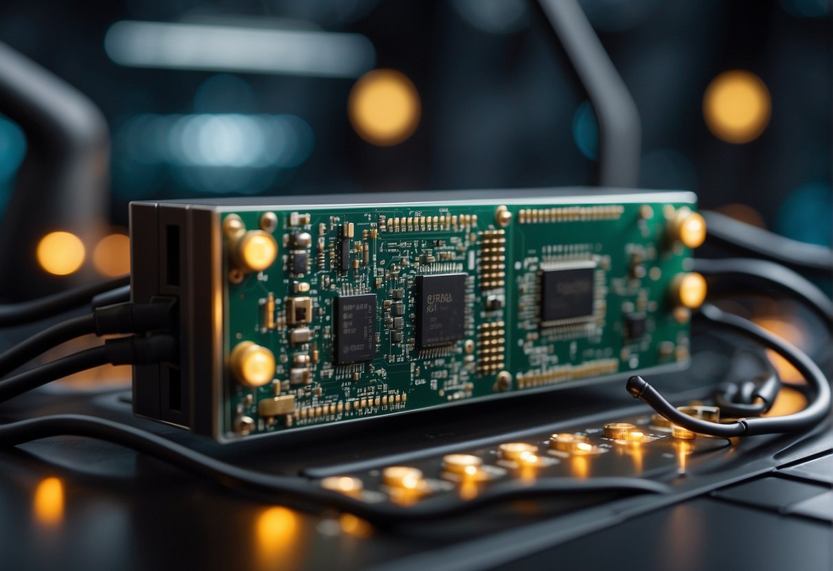 A sleek, modern language processing unit seamlessly integrates with existing technologies, with wires and circuits connecting to various devices