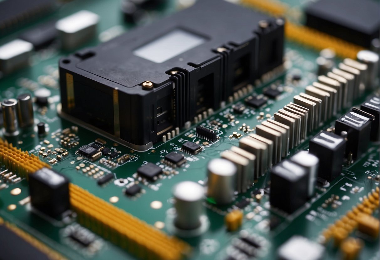 A computer processing unit with language processing techniques and advances, surrounded by various electronic components and connected to a network