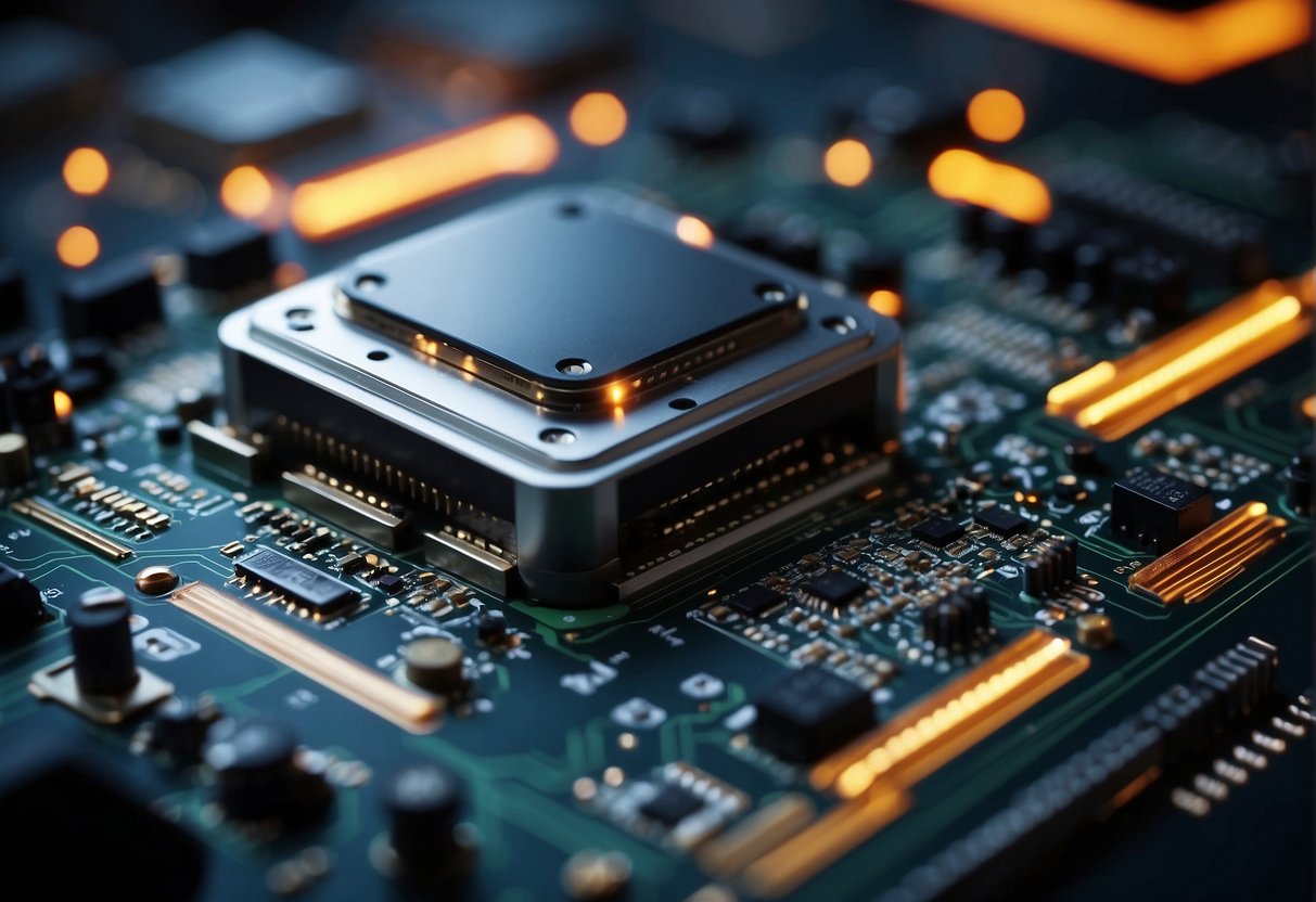 A sleek, futuristic hardware unit with intricate circuitry and glowing indicators, surrounded by cutting-edge language processing technology