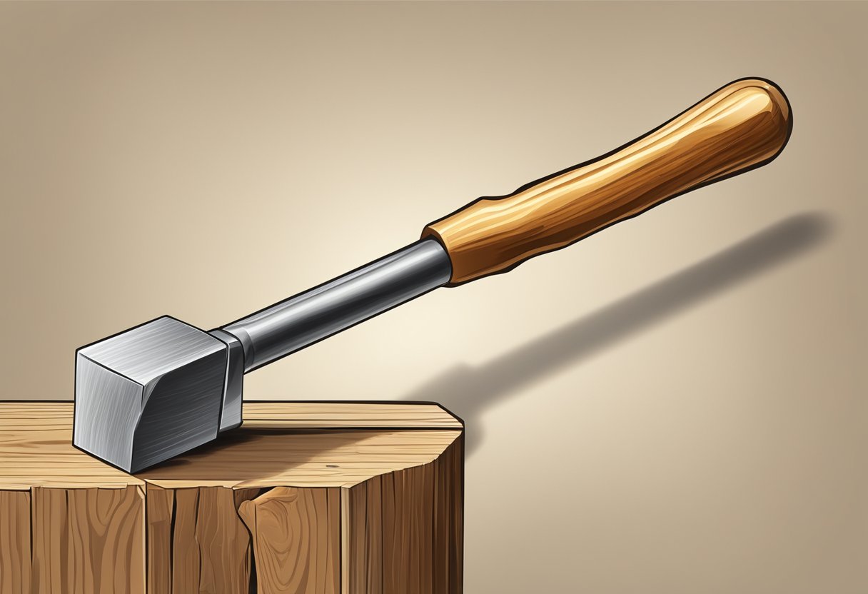 A hammer striking a pointed nail into wood