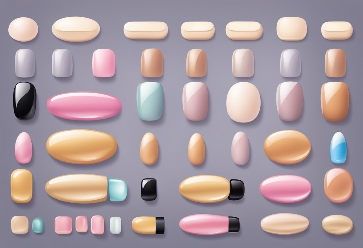 A variety of nail shapes, including square, oval, and almond, are displayed next to different strengthening products