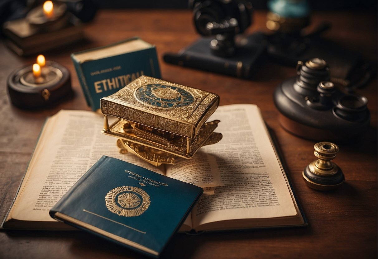 An open book with "Ethical Considerations and Societal Impact Language Processing Unit" on the cover, surrounded by diverse symbols and people