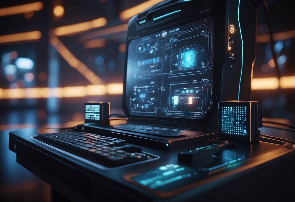 A sleek, futuristic language processing unit with glowing panels and intricate circuitry, surrounded by holographic data projections