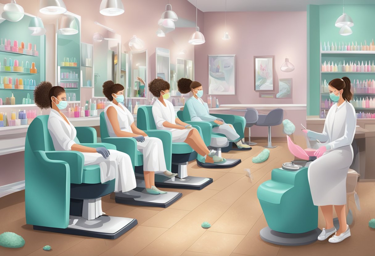 Nail salon scene with fungus-infected nails, treatment options displayed