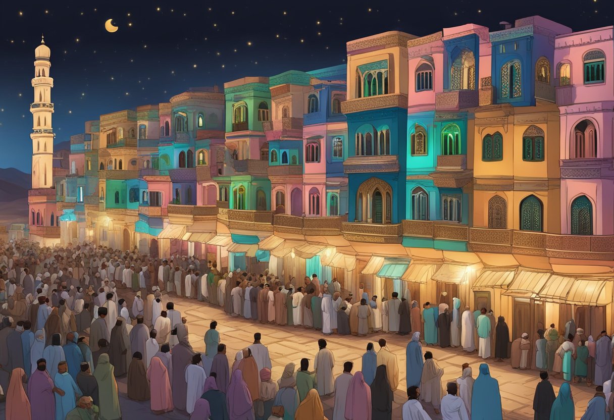 The night of Shab e Barat in Yemen, houses are adorned with colorful lights and families gather for prayers and feasts