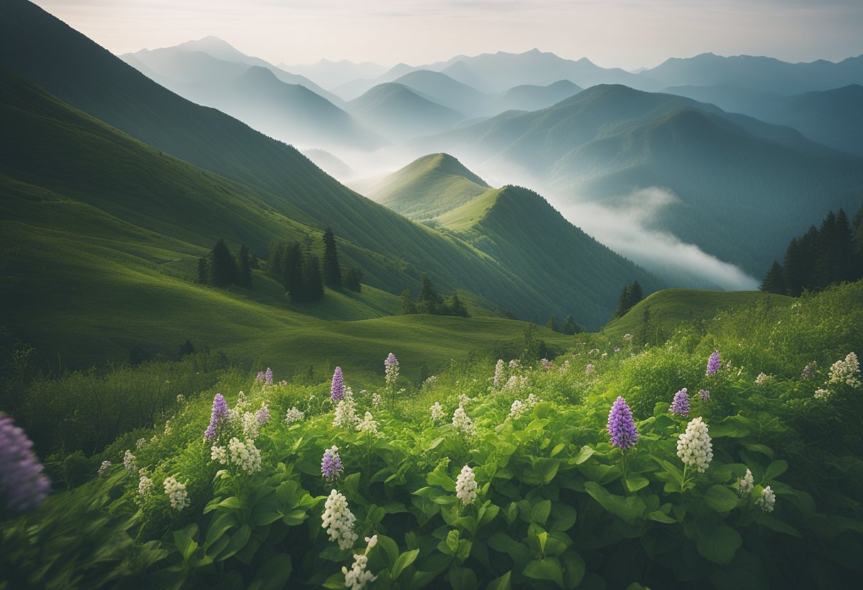 Lush green mountains surround a misty, cool peak. Wildflowers bloom in the gentle breeze