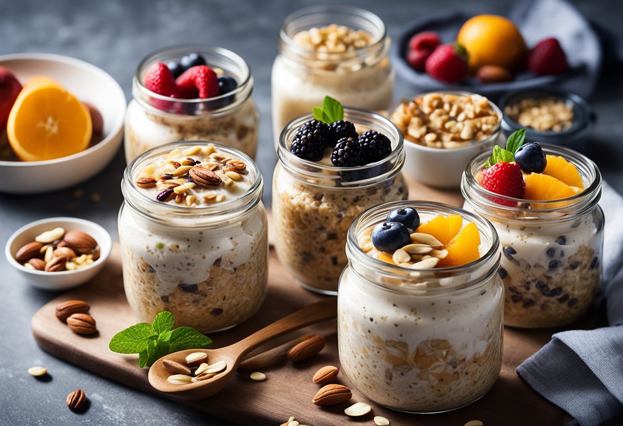 A table with 10 colorful jars of overnight oats, each topped with different fruits, nuts, and seeds. A spoon and a napkin are placed next to the jars