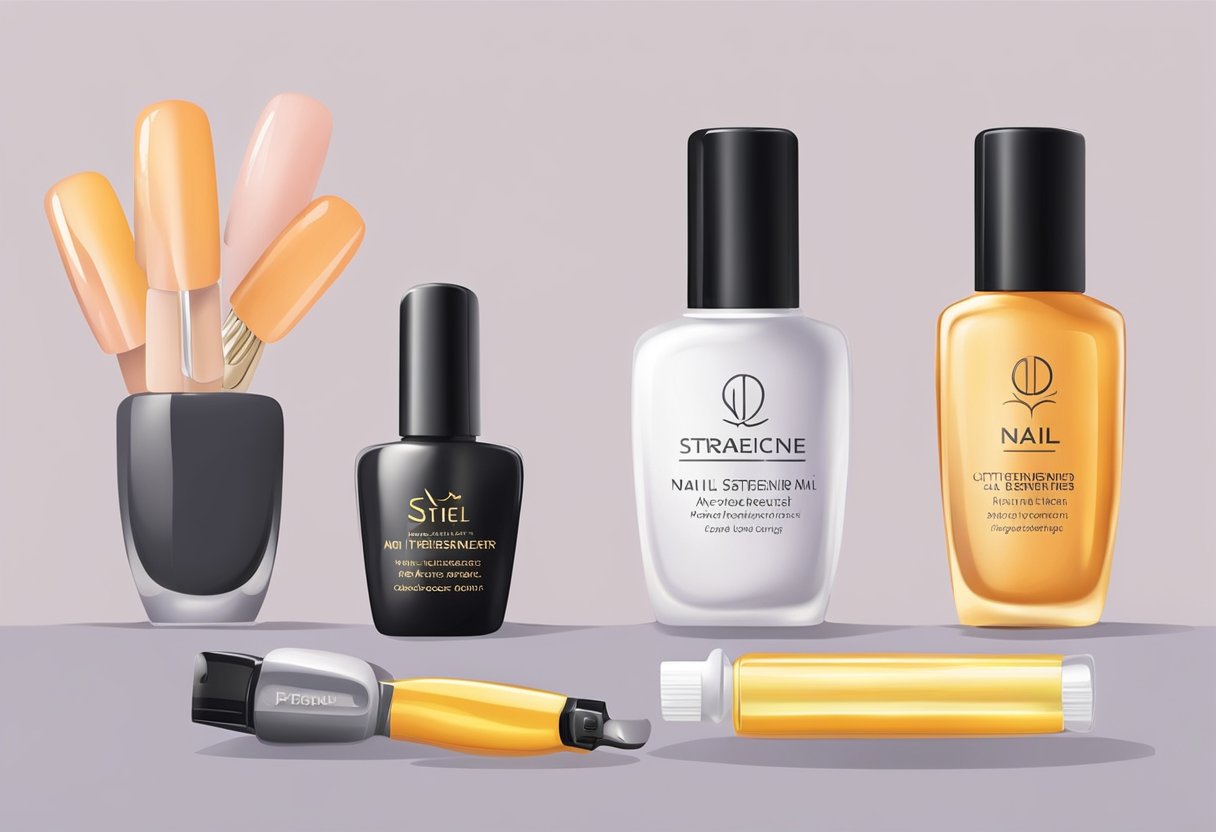 Nail treatment products arranged on a table, including nail strengtheners, cuticle oil, and a nail buffer. A pair of hands holding a bottle of nail strengthener