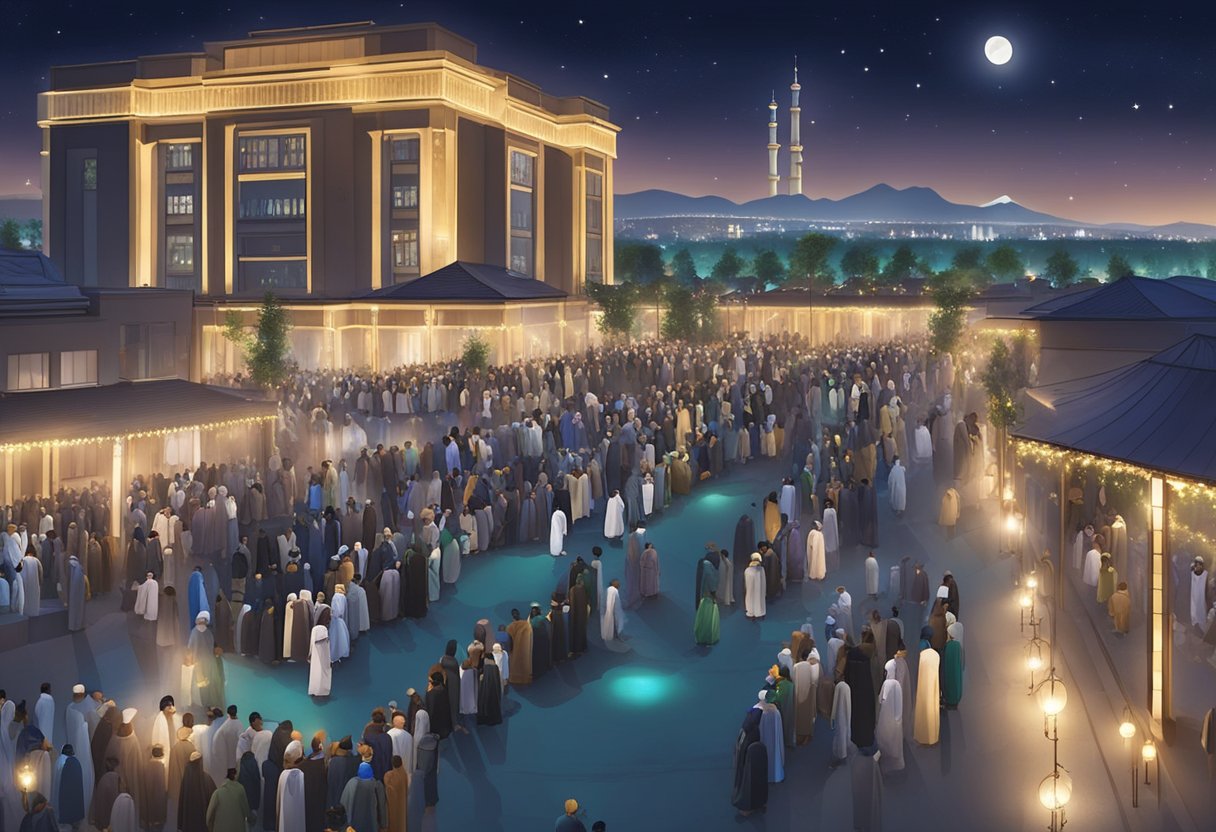 Shab e Barat 2024 in Kazakhstan: A moonlit night with people gathered in prayer, lights and decorations adorning the streets